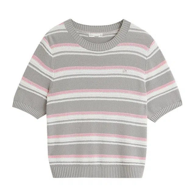 茵曼 休闲撞色条纹百搭短袖套头针织衫 女款 粉白灰条