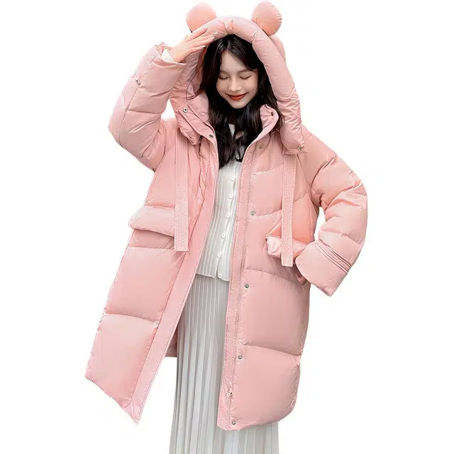鸭鸭 拉链加厚中长款长袖纯色羽绒服 女款