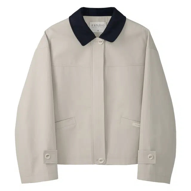 法儿家 简约撞色翻领长袖夹克外套 女款 卡其色