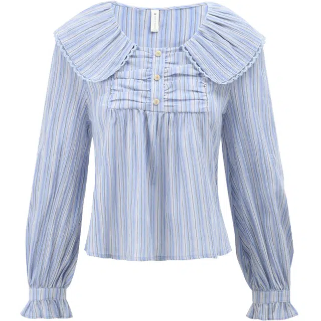 谜秀 韩系田园风纯棉日常复古褶皱可爱春荷叶领修身显瘦法式绝美长袖衬衫 女款 蓝条纹