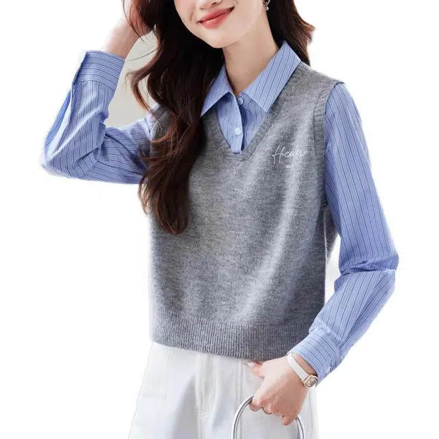 曲韩 时尚假两件条纹长袖衬衫 女款 蓝色