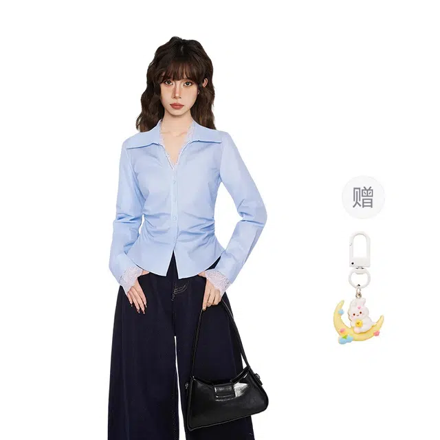 柏黛妃 法式蕾丝翻领长袖修身收腰内搭衬衣短款上衣衬衫 女款 蓝色+赠品