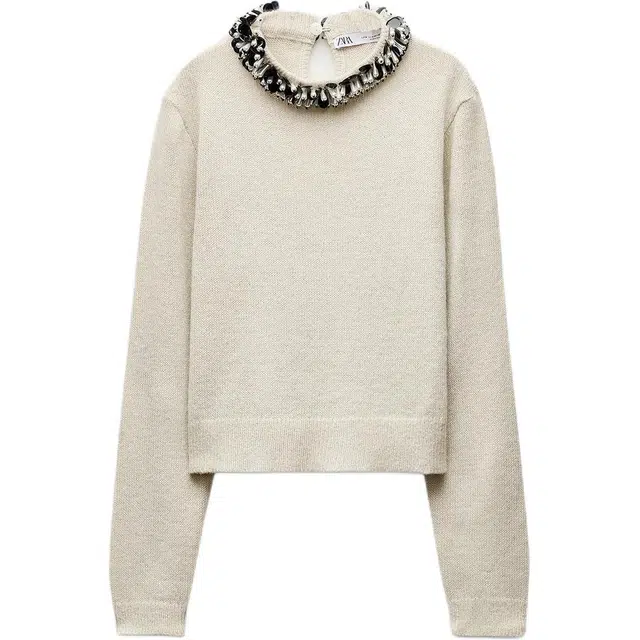 ZARA Beaded Crewneck Knit Sweater