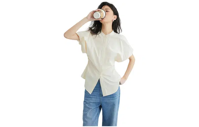 【dme】 圆领收腰泡泡袖短袖衬衫 女款 浅杏色