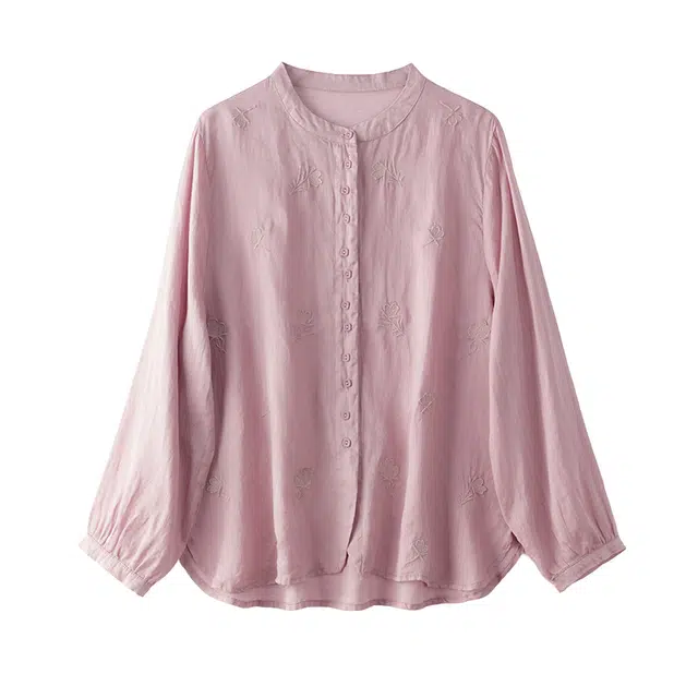 曲韩 立领刺绣显瘦宽松上衣复古文艺减龄苎麻长袖春季衬衫 女款