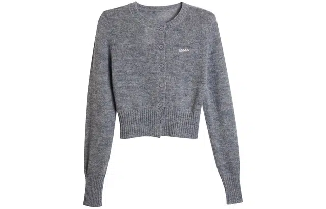 柏黛妃 纯色圆领单排扣短款修身百搭长袖针织衫 女款 灰色