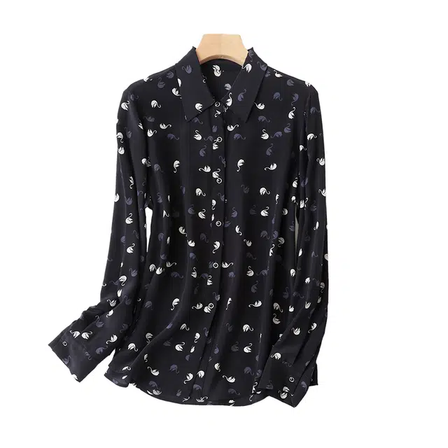 曲韩 天鹅印花翻领宽松真丝上衣高级感重磅桑蚕丝长袖春季衬衫 女款 藏青色