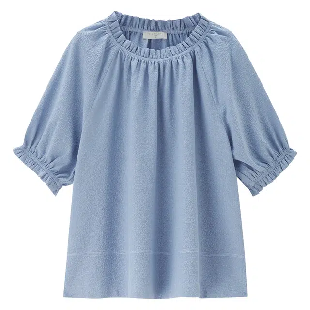 佐丹奴 泡泡皱荷叶边圆领插肩梭织短袖衬衫 女款