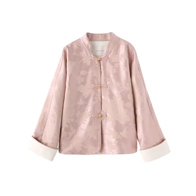 花栗鼠小姐 落落芳华 新中式轻国风精致古典小立领撞色翻边宽松遮肉显瘦长袖夹克外套 女款