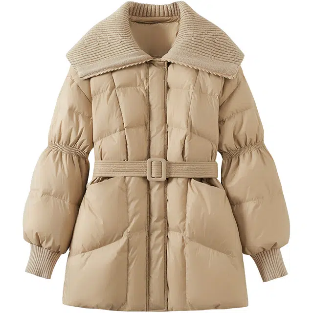 她池  纯色优雅宽松口袋拼接翻领中长款  含羽绒外套  女款  卡其色