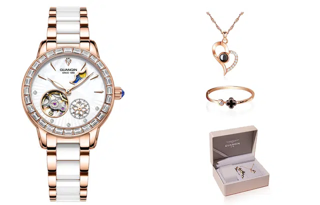 冠琴 绮梦星河系列 国潮时尚镶钻女士手表 自动机械机芯 陶瓷表带 国表 女表 白色表盘 精美礼盒包装