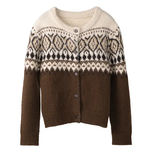 法儿家 枫树小岛韩系小个子慵懒感圆领设计感针织开衫 女款 驼色