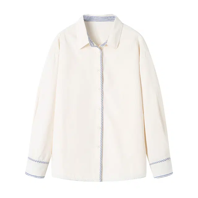 曲韩 简约条纹翻领上衣时尚宽松纯棉春季长袖衬衫 女款 杏仁白