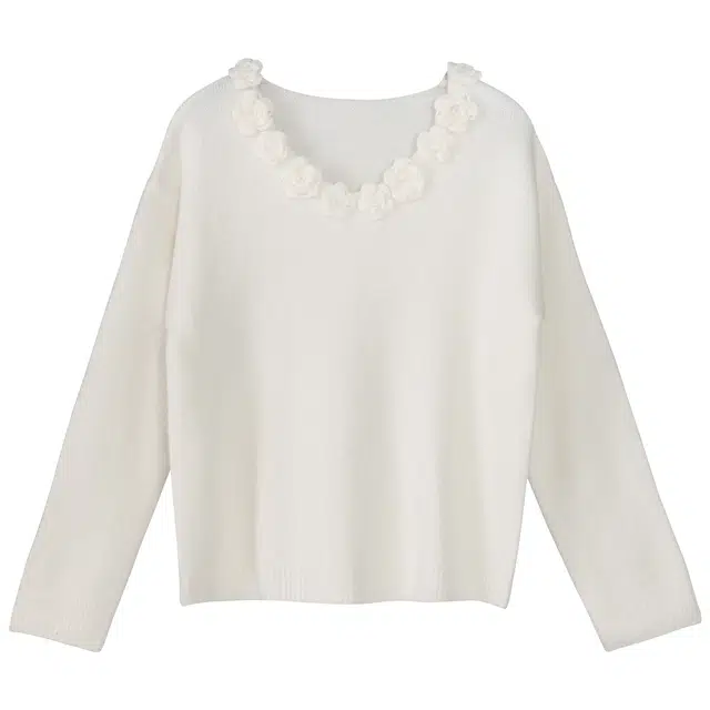 法儿家 雪浸山茶韩系慵懒纯色通勤花朵打底毛衣内搭 女款 白色