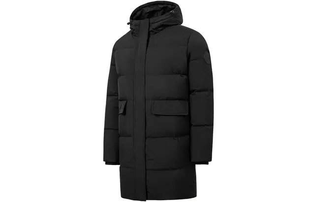 鸿星尔克 纯色大口袋连帽加厚防寒保暖长款羽绒服 女款 正黑