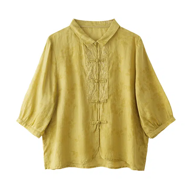曲韩 翻领刺绣盘扣半袖小衫上衣洋气复古苎麻七分袖春季衬衫 女款