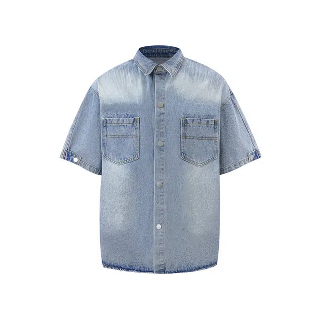 俞兆林 潮流牛仔短袖工装翻领衬衫 男女同款
