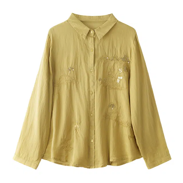 曲韩 亮片刺绣翻领宽松上衣时尚复古苎麻长袖春季衬衫 女款