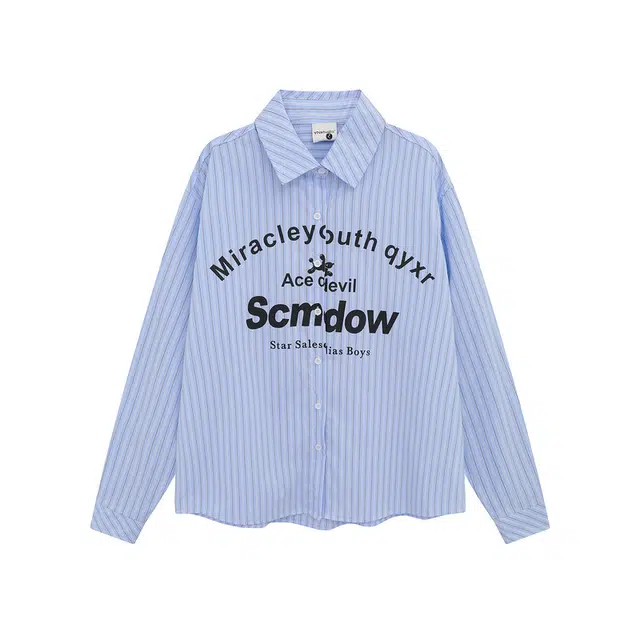 俞兆林 美式学院风条纹字母印花宽松落肩长袖衬衫 女款 蓝色