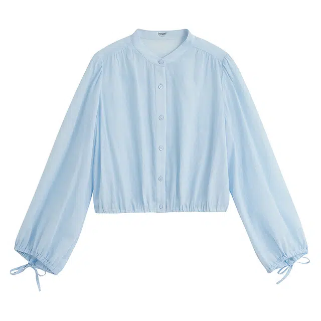 茵曼 法式花苞立领系带灯笼袖宽松防晒长袖衬衫 女款 蓝色