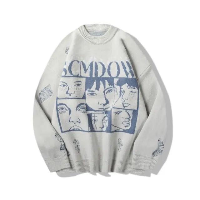 水中花 美式破洞复古宽松套头上衣慵懒型圆领针织衫 男女同款