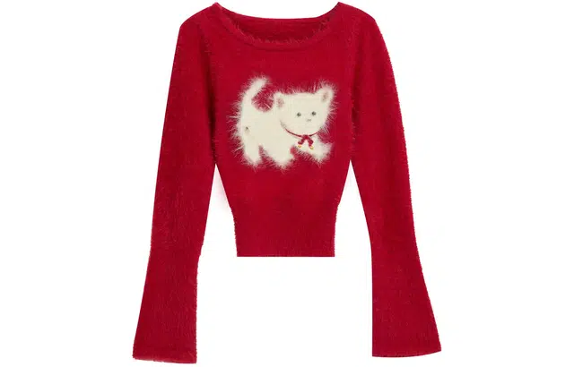 柏黛妃 卡通提花圆领长袖修身针织衫 女款 红色