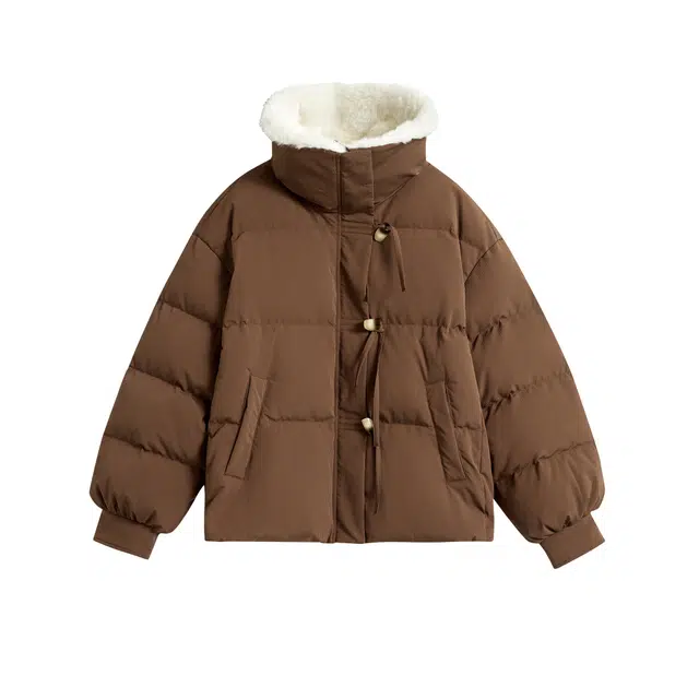 茵曼 时尚兔毛领立体肌理保暖面包棉服外套羽绒服 女款