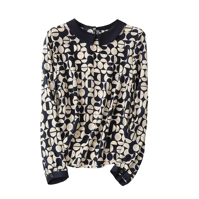 曲韩 娃娃领几何图案印花真丝上衣高级感洋气桑蚕丝长袖春季衬衫 女款 藏青