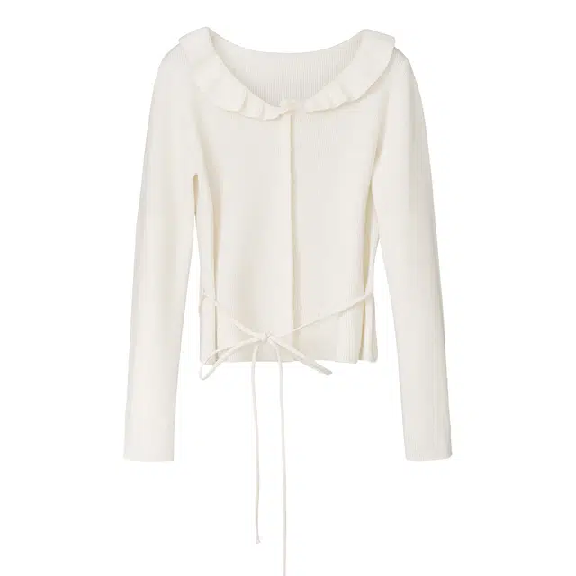 法儿家 木耳花边纯色打底衫长袖针织衫 女款 杏色