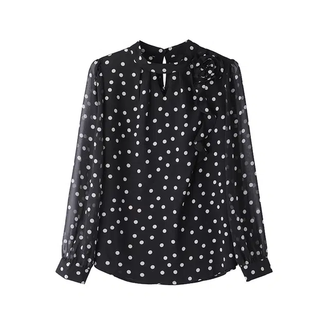 曲韩 长袖波点雪纺洋气减龄衬衣衬衫 女款 黑色