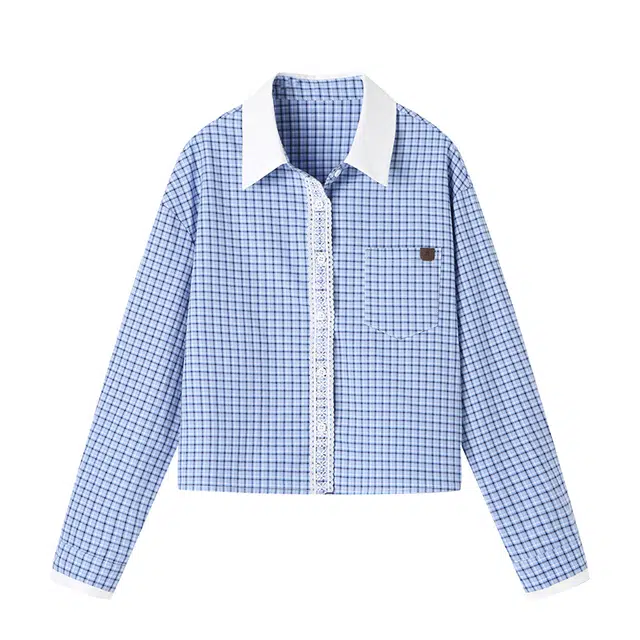 曲韩 翻领蕾丝短款上衣韩版百搭纯棉格子春季长袖衬衫 女款 蓝格子