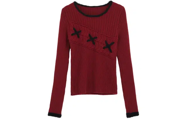 柏黛妃 圆领修身拼色套头针织衫 女款 红色