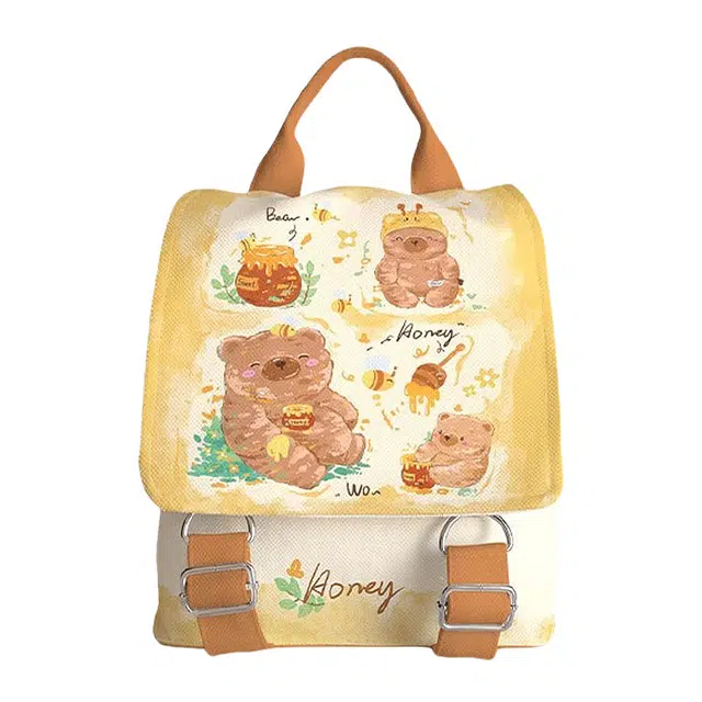 奥松 可爱萌萌蜜罐熊熊轻便可爱大学生出游百搭帆布背包 绒面科技布 双肩包 女款 黄色