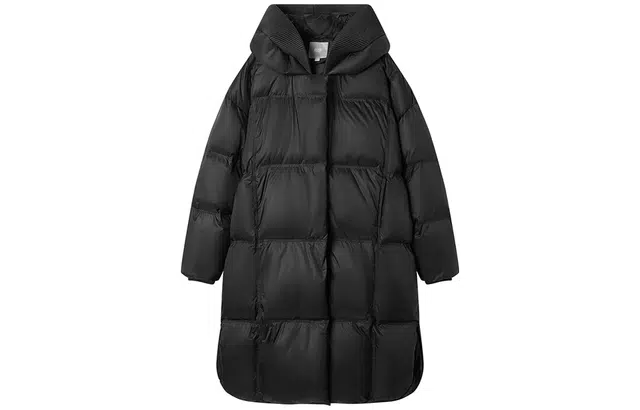 对白 纯色连帽长款防风保暖加厚高级感白鸭绒羽绒服女冬羽绒服 女款 静谧黑