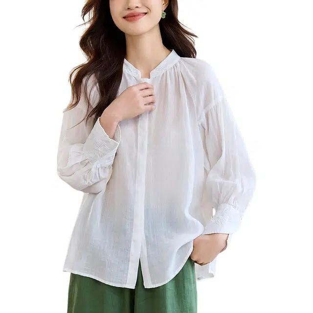 曲韩 刺绣褶皱立领显瘦小衫上衣高级感宽松苎麻长袖春季衬衫 女款
