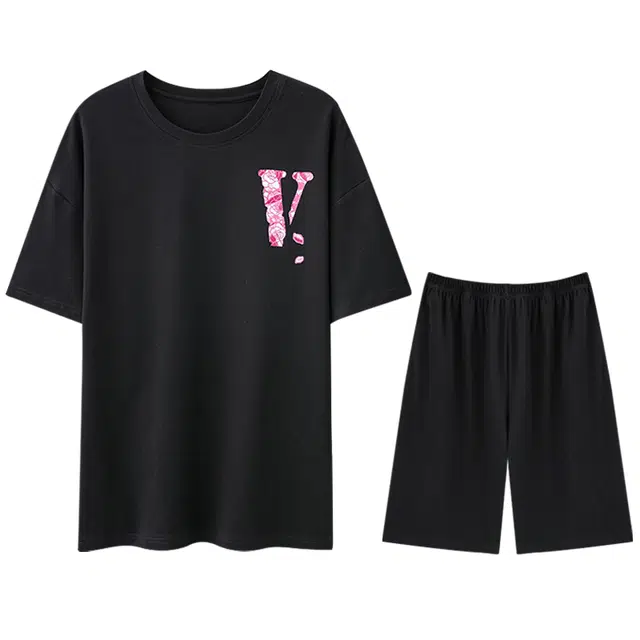 向薇 舒适透气微弹短袖上衣家居服五分裤睡衣套装 男款 图片色