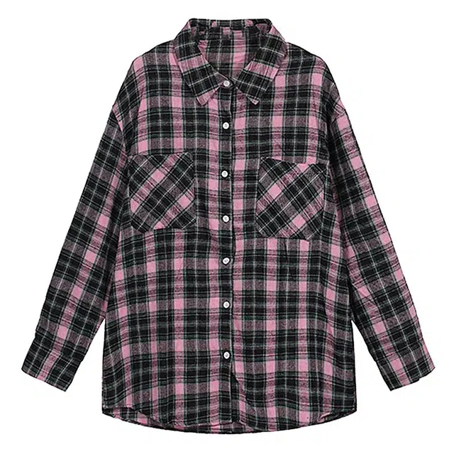 涂诗菲 复古宽松甜酷风时尚百搭格子中长款设计感格纹尖领单排扣长袖衬衫 女款 黑粉色