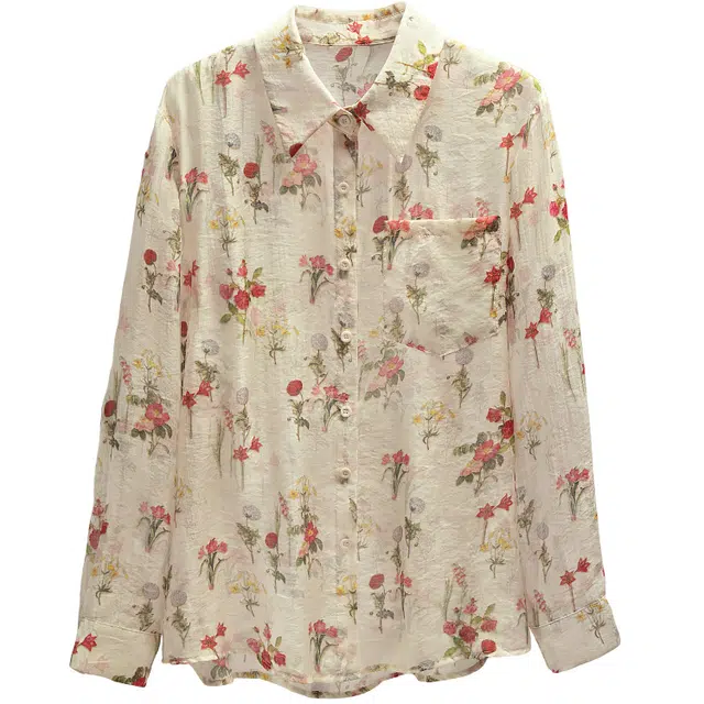 丝柏舍 复古碎花撞色单排扣气质翻领长袖衬衫 女款 杏色粉花