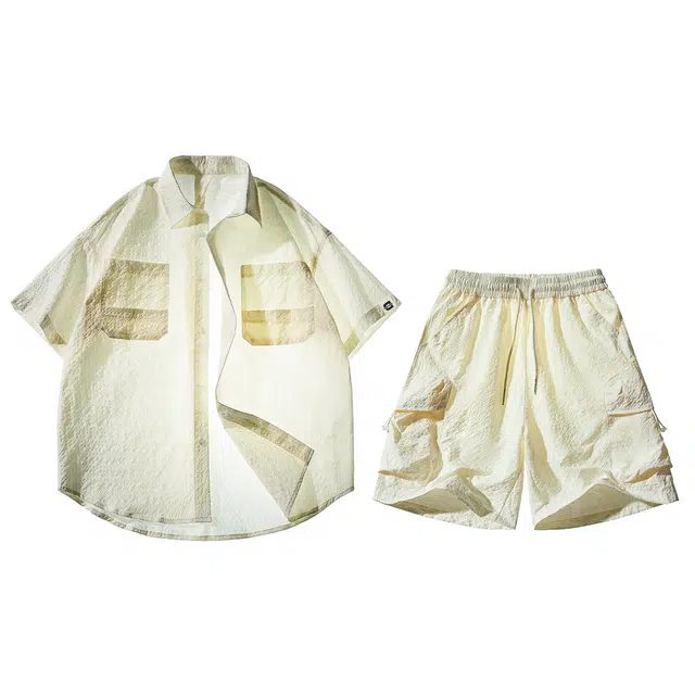 敦煌博物馆 美式街头潮流华夫格肌理感轻薄透气舒适防晒短袖衬衫宽松直筒百搭短裤休闲运动套装 男女同款