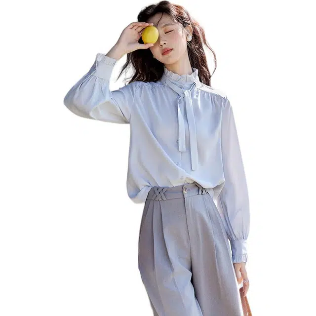 谜秀 法式天丝飘带木耳边春装女装显瘦气质通勤上衣衬衫 女款