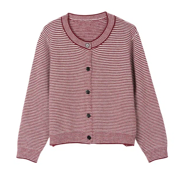 法文箱子 圆领条纹单排扣长袖针织衫 女款 红色/白间