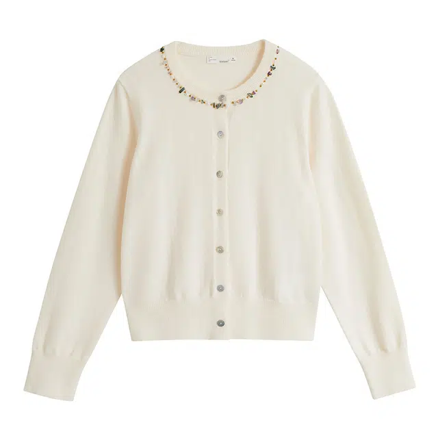 茵曼 气质千金风钉珠圆领长袖新款洋气针织衫 女款