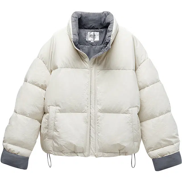 她池  宽松款拼接撞色抽绳短款长袖  含羽绒外套  女款  米色