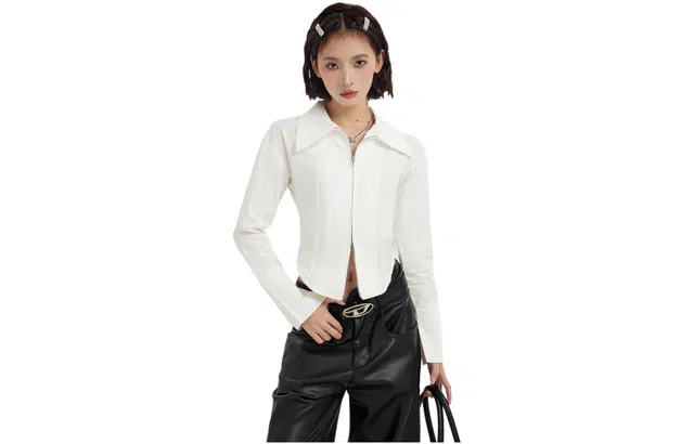 柏黛妃 纯色双拉链尖领长袖衬衫 女款 白色