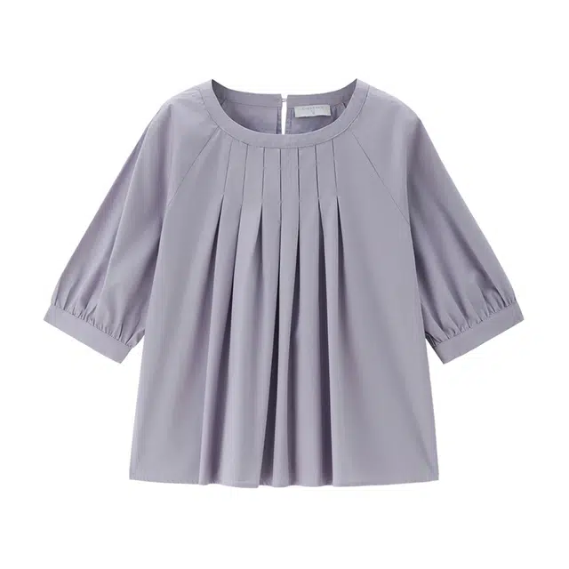 佐丹奴 纯棉府绸压褶圆领插肩梭织五分袖衬衫 女款