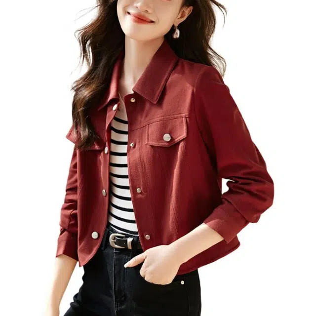 沫晗依美 短款翻领纯色夹克外套 女款 红色