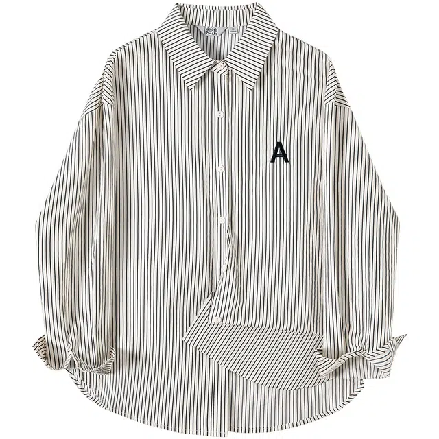 她池 时尚休闲翻领宽松舒适长袖衬衫 女款 米底黑条纹