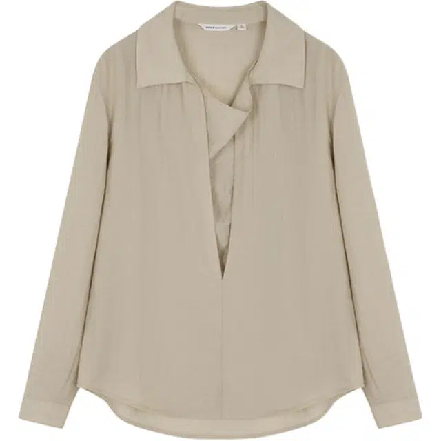 沫晗依美 假两件翻领纯色长袖衬衫 女款 卡其色