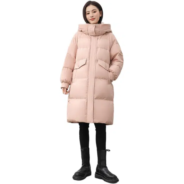 鸭鸭 纯色连帽简约加厚中长款羽绒服 女款