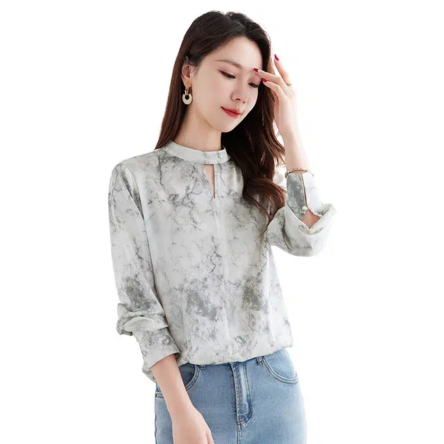 水墨佳人 质感弹力重绉长袖衬衫 女款 灰色